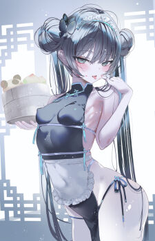  1-gou_(111touban) 1girl apron black_dress black_hair blue_archive blush breasts butterfly_hair_ornament china_dress chinese_clothes commentary covered_erect_nipples covered_navel double_bun dress green_eyes hair_bun hair_ornament halo highres kisaki_(blue_archive) long_hair looking_at_viewer pelvic_curtain ribs sideless_dress sleeveless sleeveless_dress small_breasts solo tongue tongue_out twintails very_long_hair white_apron 