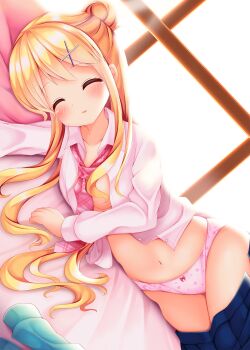 1girl aqua_shirt bed_sheet blonde_hair blue_skirt bow bow_panties breasts closed_eyes clothes_pull collarbone dress_shirt dutch_angle female_focus floral_print hair_between_eyes convenient_hair hair_ornament highres indoors kin-iro_mosaic kujou_karen long_hair long_sleeves lying medium_breasts minato_ojitan navel necktie no_bra on_bed on_side open_clothes open_shirt outstretched_arm panties parted_lips pink_neckwear pink_panties pink_shirt plaid_clothes plaid_necktie plaid_neckwear pleated_skirt sheet_grab shirt skirt skirt_pull sleeping solo underwear unworn_shirt window x_hair_ornament rating:Questionable score:54 user:danbooru