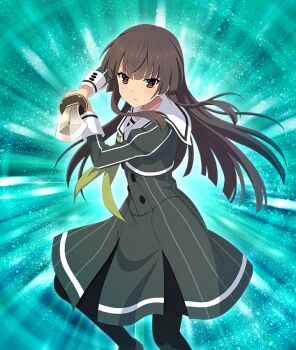  1girl aqua_background black_pantyhose blunt_ends blush buttons closed_mouth dot_nose dress feet_out_of_frame fighting_stance game_cg glint green_dress green_neckerchief heijou_institute_school_uniform holding holding_sword holding_weapon incoming_attack juujou_hiyori katana long_hair long_sleeves looking_at_viewer neckerchief official_art pantyhose pinstripe_dress pinstripe_pattern red_eyes sailor_collar school_uniform serious sidelocks solo striped_clothes striped_dress sunburst sunburst_background sword third-party_source toji_no_miko toji_no_miko:_kizamishi_issen_no_tomoshibi two-handed vertical-striped_clothes vertical-striped_dress weapon white_sailor_collar 