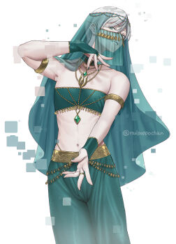  1boy arabian_clothes artist_name bare_shoulders bridal_gauntlets collarbone commentary_request crossdressing crossdressing_(mtf) dancer green_eyes green_nails green_pants grey_hair harem_pants highres looking_at_viewer male_focus nail_polish navel nulpoppochan octopath_traveler octopath_traveler_ii pants see-through_clothes see-through_veil short_hair smile solo standing temenos_mistral twitter_username veil watermark white_background  rating:Sensitive score:1 user:danbooru