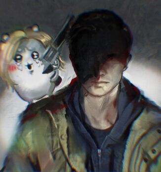  1boy 1girl abyssmalenia blonde_hair chiikawa commentary english_commentary ethan_winters grace_ashcroft gun holding holding_gun holding_weapon jacket male_focus open_clothes open_jacket resident_evil resident_evil_7:_biohazard resident_evil_requiem resident_evil_village shaded_face tears weapon 