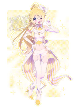  1girl adapted_costume alternate_costume ascot blonde_hair boots border bow bracelet braid clothing_cutout collar collared_shirt commentary_request crossed_legs detached_collar dress elbow_gloves full_body gem gloves hair_between_eyes hand_on_own_hip hat hat_bow high_heel_boots high_heels high_ponytail highres idol jewelry knees light_blush long_dress long_hair looking_at_viewer magia_record:_mahou_shoujo_madoka_magica_gaiden mahou_shoujo_madoka_magica mini_hat mini_top_hat navel one_eye_closed open_door open_mouth outline outside_border pink_eyes pleated_sleeves polka_dot polka_dot_background ponytail ponytail_with_braided_base ribbed_thighhighs serizawa_serizane shirt short_shorts short_sleeves shorts single_sleeve smile solo sparkle stomach stomach_cutout striped_clothes striped_dress thighhighs togame_momoko top_hat twitter_username two-tone_dress v-shaped_eyebrows vertical-striped_clothes vertical-striped_dress very_long_hair white_boots white_border white_bow white_collar white_dress white_gloves white_hat white_shirt white_shorts white_thighhighs yellow_ascot yellow_background yellow_dress yellow_gem yellow_outline 