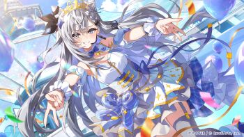  1girl :d absurdres asymmetrical_hair balloon bare_shoulders black_ribbon blue_bow blue_bowtie blue_eyes blue_sky bow bowtie braid braided_bangs breasts collared_dress commentary_request concert cone_hair_bun confetti copyright_notice day detached_sleeves double-parted_bangs double_bun dress dutch_angle feet_out_of_frame garter_straps gold_tiara grey_hair grey_socks grin gyaru_v gyaru_w hair_behind_ear hair_between_eyes hair_bun hair_ornament hair_ribbon hairclip headset highres hololive hololive_dreams hololive_indonesia idol_clothes layered_skirt lens_flare long_hair looking_at_viewer medium_breasts open_mouth outdoors over-kneehighs puffy_short_sleeves puffy_sleeve_cuffs puffy_sleeves ribbon short_sleeves skirt sky sleeveless sleeveless_dress smile socks solo thighhighs two_side_up underbust v very_long_hair vestia_zeta virtual_youtuber w white_dress 