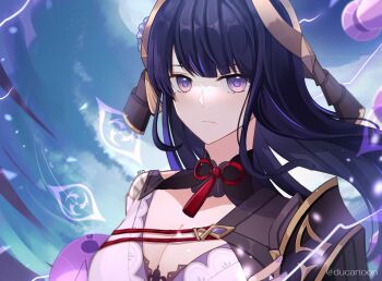  1girl armor artist_name blue_background blunt_bangs breasts cleavage closed_mouth commentary ducartoon electricity english_commentary expressionless fake_horns genshin_impact glowing headpiece highres horns japanese_armor large_breasts long_hair looking_at_viewer looking_to_the_side mixed-language_commentary mole mole_under_eye powering_up purple_eyes purple_hair raiden_shogun raiden_shogun_(magatsu_mitake_narukami_no_mikoto) shade shoulder_armor solo thai_commentary upper_body 