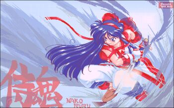  1990s_(style) 1girl ainu_clothes artist_name blue_eyes blue_hair breasts character_name dated fighting_stance fingerless_gloves gloves hair_ribbon highres legs long_hair medium_breasts nakoruru pants pc-98_(style) pc98 retro_artstyle ribbon samurai_spirits serious snk solo the_king_of_fighters thighs weapon 