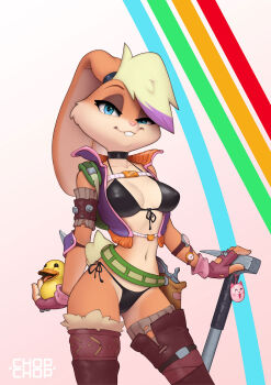  1girl animal_ears artist_logo belt bikini black_bikini breasts charm_(object) chopchop collarbone commentary cropped_jacket elbow_pads english_commentary fingerless_gloves front-tie_bikini_top front-tie_top furry furry_female gloves gun halterneck hammer handgun highres holster holstered logo lola_bunny looking_at_viewer looney_tunes navel rabbit_ears rabbit_girl rabbit_tail rubber_duck side-tie_bikini_bottom sleeveless sleeveless_jacket solo standing swimsuit tail thighhighs watch weapon wristwatch 