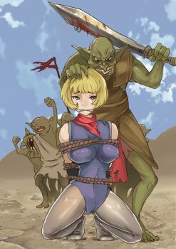  bad_id bad_pixiv_id bdsm blonde_hair blood bob_cut bondage bound bound_arms breasts brown_eyes cheering defeat execution flag gag gagged ghhoward goblin grabbing_another's_hair helpless highres holding_another's_hair imminent_death improvised_gag large_breasts monster neck_ribbon pantyhose peril rags restrained ribbon rope saliva saliva_trail short_hair sky smile sword tears torn_clothes torn_pantyhose weapon  rating:Questionable score:26 user:okmijn135