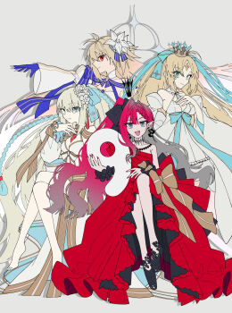  4girls absurdres ahoge archetype_earth archetype_earth_(third_ascension) arcueid_brunestud artoria_caster_(fate) artoria_pendragon_(fate) baobhan_sith_(exhibition_attire)_(fate) baobhan_sith_(fate) baobhan_sith_(swimsuit_pretender)_(third_ascension)_(fate) bare_shoulders barefoot bikini blonde_hair blue_eyes blue_gloves blue_hair blue_ribbon bow braid breasts choker cleavage commentary_request crown detached_collar detached_sleeves dress earrings facial_mark fate/grand_order fate_(series) flower forehead_mark gloves gold_trim green_eyes grey_eyes hair_bow hair_flower hair_ornament hair_ribbon highres jewelry large_breasts long_hair long_skirt long_sleeves looking_at_viewer morgan_le_fay_(fate) morgan_le_fay_(water_princess)_(fate) multiple_girls necklace open_mouth pink_hair platform_heels pointy_ears ponytail puffy_long_sleeves puffy_sleeves red_dress red_eyes ribbon side_ponytail sidelocks skirt small_breasts smile swimsuit tokumori_ramen twin_braids twintails very_long_hair white_bikini white_dress white_hair white_skirt wrist_cuffs 