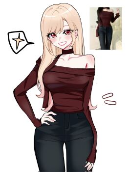  1girl bare_shoulders black_pants blonde_hair breasts brown_sweater eyelashes highres kitagawa_marin large_breasts miovartz off-shoulder_sweater off_shoulder pants photo_inset red_eyes simple_background solo sono_bisque_doll_wa_koi_wo_suru sweater white_background 