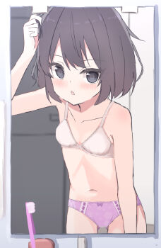  1girl bathroom black_eyes black_hair blush bow bow_bra bow_panties bra breasts collarbone crotch_seam eyes_visible_through_hair floral_print lace lace-trimmed_bra lace_trim leaning_forward loli looking_at_viewer mirror navel open_mouth original panties pink_bow pink_panties playing_with_own_hair print_panties reflection shooko short_hair small_breasts standing toothbrush underwear white_bow white_bra 