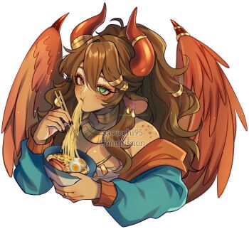  1girl :t aegyo_sal animal_ears artist_name bare_shoulders black_nails blue_cardigan body_freckles bowl breasts brown_hair cardigan cardigan_partially_removed chest_sarashi chopsticks cleavage closed_mouth collarbone commentary commission cow_ears cow_girl cow_horns cropped_shoulders dark-skinned_female dark_skin double-parted_bangs earrings eating egg_(food) english_commentary eyebrows_hidden_by_hair eyeshadow feathered_wings food freckles from_above gold_choker gold_earrings gold_ring green_eyes hair_between_eyes hair_over_shoulder hands_up high_ponytail highres holding holding_bowl holding_chopsticks horns jewelry light_particles long_hair long_sleeves looking_at_viewer makeup meat medium_breasts nail_polish noodles open_cardigan open_clothes original ponytail puffy_long_sleeves puffy_sleeves ramen red_eyes red_eyeshadow red_horns red_wings sarashi sasucchi95 shoulder_freckles simple_background single_hair_intake slit_pupils softboiled_egg solo sparkle tsurime watermark wavy_hair white_background wings 