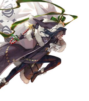  1boy attack black_hair boots candy candy_cane dark-skinned_male dark_skin egawa_akira fire_emblem fire_emblem_engage fire_emblem_heroes food green_ribbon hat highres holding holding_sack key long_hair lunge male_focus nintendo non-web_source official_art ribbon sack santa_costume santa_hat solo zelkov_(fire_emblem) zelkov_(winter_shadow)_(fire_emblem) 