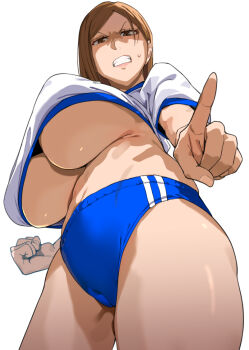  1girl bakkanki blue_buruma breasts brown_eyes brown_hair buruma cameltoe clenched_hand clenched_teeth commentary_request from_below glaring gym_uniform jujutsu_kaisen kugisaki_nobara large_breasts looking_at_viewer no_bra pointing pointing_at_viewer shaded_face shirt simple_background solo teeth underboob white_background white_shirt 