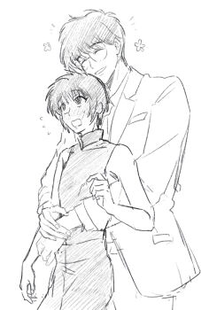  2boys blush closed_eyes commentary_request formal_clothes glasses height_difference highres hug hug_from_behind male_focus monochrome multiple_boys necktie open_mouth sakurazuka_seishirou sekai_yoni short_hair sleeveless sleeveless_turtleneck suit sumeragi_subaru sweatdrop tokyo_babylon turtleneck upper_body white_background x_(manga) yaoi 