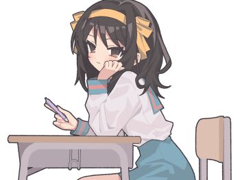  1girl blue_sailor_collar blue_skirt blush bow bow_hairband brown_eyes brown_hair chair closed_mouth commentary_request desk feet_out_of_frame from_side hair_between_eyes hair_ornament hair_ribbon hairband hand_on_own_cheek hand_on_own_face highres holding holding_pencil kita_high_school_uniform long_sidelocks long_sleeves looking_at_viewer mechanical_pencil medium_hair nanonome on_chair pen_spinning pencil ribbon sailor_collar school_chair school_desk school_uniform serafuku shirt sidelocks simple_background sitting skirt smile solo suzumiya_haruhi suzumiya_haruhi_no_yuuutsu white_background white_shirt yellow_bow yellow_hairband yellow_ribbon 