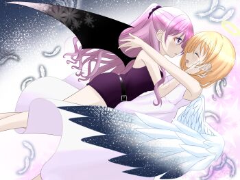  2girls angel_wings belt black_belt brown_hair commentary_request demon_wings dress gochuumon_wa_usagi_desu_ka? gold_halo highres hot_heartlove hoto_cocoa karede_yura multiple_girls ponytail purple_eyes purple_hair smile white_dress wings yuri 