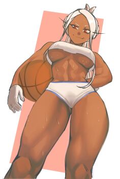  1girl animal_ears arm_behind_back ball bare_shoulders basketball basketball_(object) boku_no_hero_academia breasts cosplay covered_erect_nipples cowboy_shot crop_top dark-skinned_female dark_skin from_below gloves highleg_shorts highres holding holding_ball large_breasts legs lola_bunny lola_bunny_(cosplay) long_eyelashes long_hair looking_at_viewer looking_down looney_tunes midriff mirko navel parted_bangs pony_(animal) ponytail rabbit_ears rabbit_girl red_eyes shorts smile solo space_jam sportswear sweat thick_thighs thighs tied_ears underboob upshirt white_gloves white_hair white_shorts zukululuu  rating:Sensitive score:143 user:danbooru