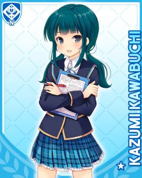  1girl :d aqua_hair bag blazer blue_background blue_jacket blue_neckwear blue_ribbon blue_skirt card_(medium) character_name clipboard female_focus girlfriend_(kari) grey_eyes jacket kawabuchi_kazumi official_art open_mouth plaid_clothes plaid_skirt qp:flapper ribbon school_uniform shirt skirt smile solo strap tagme twintails white_shirt 