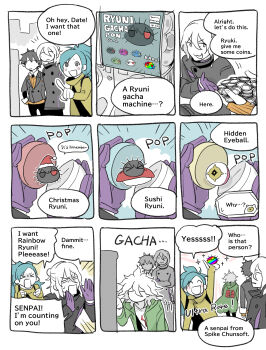  >_< 1girl 3boys :3 absurdres ai_the_somnium_files ai_the_somnium_files:_nirvana_initiative aiba_(ai_the_somnium_files) black_eyes black_jacket blue_hair closed_eyes closed_mouth company_connection danganronpa_(series) danganronpa_2:_goodbye_despair date_kaname english_text gashapon gloves green_jacket high_ponytail highres jacket komaeda_nagito long_hair multiple_boys okiura_mizuki ookutsuwa_waga open_mouth pointing ponytail purple_gloves ryuki_kuruto sea_urchin smile sparkle speech_bubble white_hair yellow_jacket 