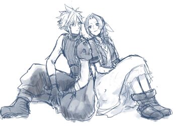  1boy 1girl aerith_gainsborough armor baggy_pants bandaged_arm bandages belt boots braid cloud_strife commentary_request cropped_jacket dress final_fantasy final_fantasy_vii final_fantasy_vii_remake fuwari_pic hair_between_eyes hair_ribbon highres light_smile long_dress long_hair looking_at_another pants parted_bangs pauldrons ribbon short_hair short_sleeves shoulder_armor sidelocks single_braid single_pauldron sitting sketch sleeveless sleeveless_turtleneck spiked_hair suspenders turtleneck white_background 