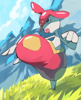  absurdres colored_skin commentary_request gara_(qbeuxvii22) gen_3_pokemon grass grey_eyes grey_skin highres lips medicham mountain nintendo no_humans outdoors pink_lips pokemon pokemon_(creature) pokemon_focus standing standing_on_one_leg 