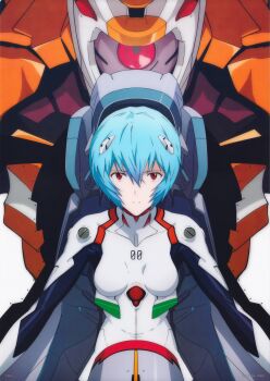  1girl absurdres ayanami_rei blue_hair bodysuit breasts copyright_name eva_00 expressionless highres interface_headset_(evangelion) looking_at_viewer mecha mecha_pilot_suit neon_genesis_evangelion official_art outdoors plugsuit_(evangelion) red_eyes robot scan shiny_clothes short_hair white_bodysuit wide_hips  rating:Sensitive score:14 user:fakyuh