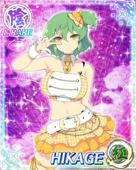  1girl alternate_hairstyle arm_at_side arm_up belt border bow breast_tattoo breasts card_(medium) character_name checkered_clothes checkered_skirt detached_collar game_cg green_hair hair_bow hikage_(senran_kagura) hip_tattoo idol idol_clothes large_breasts layered_skirt light_frown looking_at_viewer medium_hair midriff navel necktie official_art one_side_up orange_necktie purple_background senran_kagura senran_kagura_new_wave shoulder_tattoo skindentation skirt slit_pupils snake_tattoo solo strapless tattoo thigh_strap third-party_source tube_top v v_over_eye white_belt wrist_cuffs yaegashi_nan yellow_bow yellow_eyes yellow_skirt 