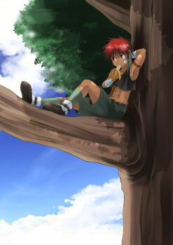 1boy abs baki_kun banana blue_sky bravekingdom child cloud eating male_focus miyamoto_ikusa navel outdoors red_hair shorts sitting sky solo tree vest  rating:Sensitive score:6 user:Jellybooru