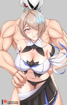  1boy 1girl alternate_breast_size_(larger) black_panties black_skirt breasts brown_hair cleavage commentary commentary_request defeat english_commentary gomon_sensei grabbing_from_behind gray_serpent grey_background hetero highres honkai_(series) honkai_impact_3rd huge_breasts imminent_rape mask midriff mixed-language_commentary mole mole_under_eye muscular muscular_male navel paid_reward_available panties patreon_username purple_eyes rita_rossweisse rita_rossweisse_(argent_knight:_artemis) short_hair simple_background skirt underwear 