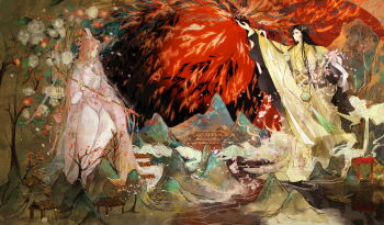  2boys absurdres architecture black_hair boat bridal_gauntlets brown_background brown_sash camellia cape cherry_blossoms chinese_clothes chinese_commentary closed_mouth coat commission corsage daxiushan east_asian_architecture expressionless falling_flower feet_out_of_frame flower flower_ornament full_body gate hair_flower hair_ornament hairclip hand_up hanfu heavenly_white_(the_tale_of_food) highres holding holding_flower holding_lantern holding_wand house huai_xu_sapling lantern leaf light_smile long_hair long_sleeves male_focus mountain multiple_boys outstretched_arm parted_bangs pink_coat pink_flower pink_hair pink_hanfu pink_ribbon plum_blossoms purple_eyes red_flower red_sky ribbon river robe sash side_part sideways_glance sitting sky smoke snow_starch_(the_tale_of_food) spirit standing sweater_guard tassel the_tale_of_food tree very_long_hair waist_sash wand watercraft white_bridal_gauntlets white_flower white_hanfu white_robe wide_ponytail wide_sleeves xiao_guan_(headdress) yaopei yellow_cape yellow_eyes yellow_hanfu yellow_robe 