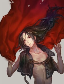  1boy bishounen black_hair cape closed_mouth commentary english_commentary facial_mark fire_emblem fire_emblem:_radiant_dawn forehead_mark highres holding holding_unworn_cape holding_unworn_clothes lips long_hair male_focus nintendo novice_(o_novice) red_eyes skinny solo soren_(fire_emblem) unworn_cape upper_body 