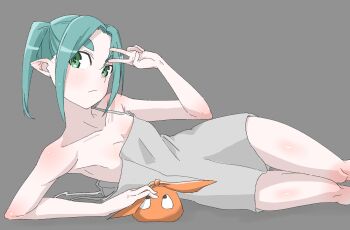 1girl aqua_eyes bakemonogatari bare_shoulders blush breasts camisole cleavage collarbone commentary_request feet_out_of_frame flat_chest googly_eyes green_eyes grey_background hat head_tilt highres looking_at_another lying medium_hair monogatari_(series) nao_art off_shoulder on_side ononoki_yotsugi pale_skin partial_commentary pointy_ears sidelocks simple_background single_off_shoulder small_breasts solo thick_eyebrows thighs upper_body v 