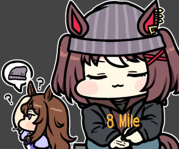  2girls 8_mile_(movie) :3 ? animal_ears beanie black_sweater brown_hair closed_eyes commentary cosplay ears_through_headwear eminem eminem_(cosplay) english_commentary gran_alegria_(umamusume) grey_background grey_hat hair_ornament hat hood hooded_sweater horse_ears horse_girl horse_tail jazz_jack long_hair multiple_girls nakayama_festa_(umamusume) purple_serafuku school_uniform serafuku simple_background solo_focus spoken_clothes striped_hat sweater tail tracen_school_uniform umamusume x_hair_ornament 