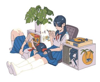  2girls blue_hair blue_sky book faceless faceless_female full_body hair_between_eyes highres holding holding_book kneehighs leaning_on_person long_hair mill_artworks multiple_girls original phonograph plant ponytail potted_plant reading school_uniform simple_background sitting sky socks sweetest_music takeuchi_mariya twintails vinyl_record white_background white_socks 