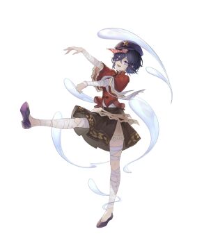  1girl bandaged_arm bandaged_leg bandages brown_skirt chinese_commentary commentary_request devilkillerx hat hat_ornament highres hitodama jiangshi lace-trimmed_sleeves lace_trim miyako_yoshika newsboy_cap ofuda open_mouth outstretched_arms purple_eyes purple_hair purple_hat red_shirt sharp_teeth shirt short_hair simple_background skirt smile solo star_(symbol) star_hat_ornament teeth touhou white_background zombie_pose 