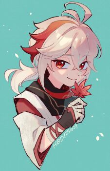  1boy bandaged_hand bandages black_gloves blue_background closed_mouth commentary_request cropped_torso crossed_bangs dated fingerless_gloves genshin_impact gloves grey_hair hair_between_eyes highres holding holding_leaf japanese_clothes kaedehara_kazuha leaf looking_at_viewer male_focus multicolored_hair ponytail red_eyes red_hair simple_background solo streaked_hair ukata upper_body white_hair 