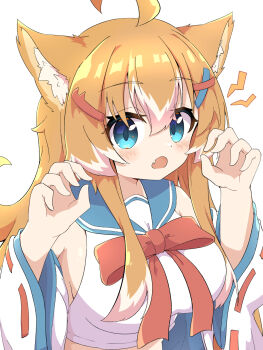  1girl ahoge animal_ear_fluff animal_ears aqua_eyes blue_sailor_collar bow bowtie breasts claw_pose cropped_shirt fang hair_between_eyes hair_ornament hairclip hands_up highres jacket jacket_partially_removed large_breasts light_blush long_hair looking_at_viewer multicolored_hair open_clothes open_jacket open_mouth orange_hair original red_bow red_bowtie red_ribbon ribbon ribbon-trimmed_sleeves ribbon_trim sailor_collar shirt sidelocks simple_background skin_fang sleeveless sleeveless_shirt solo tail toramaru2001710 two-tone_hair white_background white_hair white_jacket white_shirt wide_sleeves x_hair_ornament 