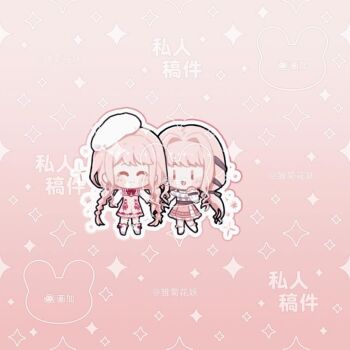  2girls ^_^ absurdly_long_hair aying99792 belt beret black_belt black_bow black_ribbon bloom_poetry_(shining_nikki) blunt_bangs blush_stickers bow bow_legwear bowtie bra_strap braid brown_eyes chibi chinese_commentary closed_eyes closed_mouth clothes_writing commentary_request cross-laced_clothes cross-laced_dress dress dress_ribbon dual_persona frilled_shirt frilled_skirt frilled_sleeves frills fur_hat gradient_background hair_bow hair_intakes hair_ribbon hand_on_own_cheek hand_on_own_face happy hat heads_together high-waist_skirt holding_hands infinity_nikki kneehighs layered_skirt long_hair long_sidelocks long_sleeves low_twin_braids low_twintails medium_dress medium_skirt multiple_girls nikki_(nikki) nikki_(series) off-shoulder_shirt off_shoulder outline perfect_start_(infinity_nikki) pinafore_dress pink_background pink_bow pink_dress pink_hair pink_shoes pink_skirt plaid_clothes plaid_dress pleated_skirt red_bow red_bowtie red_ribbon ribbon sample_watermark shining_nikki shirt shoes sidelocks simple_background skirt sleeveless sleeveless_dress sleeves_past_wrists smile socks solid_oval_eyes sparkle too_many_watermarks tress_ribbon twin_braids twintails very_long_hair watermark watermark_grid wavy_hair white_hat white_outline white_shirt white_shoes white_skirt white_socks 