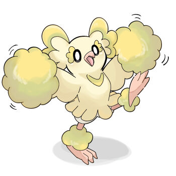 animal_focus arms_up full_body gen_7_pokemon leg_up motion_lines nintendo no_humans open_mouth oricorio oricorio_(pom-pom) outstretched_arms pokemon pokemon_(creature) simple_background solo spread_arms standing standing_on_one_leg suzu_(pixiv_32232702) white_background white_eyes