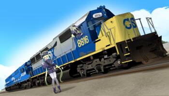  2girls absurdres blue_archive blue_hat blue_jacket blue_shorts blue_skirt cloud commentary commission conrail csx_corporation diesel_locomotive emd_sd40-2 english_commentary gloves green_hair grey_gloves halo hat highres hikari_(blue_archive) holeecrab jacket locomotive long_hair looking_at_viewer multiple_girls nozomi_(blue_archive) open_mouth pantyhose shadow shorts siblings sisters sitting skirt sky smile standing train twins v vehicle_focus very_long_hair white_pantyhose yellow_eyes  rating:General score:11 user:danbooru