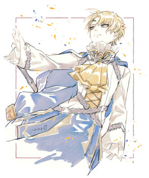  1boy alfred_(fire_emblem) amamorimori ascot blonde_hair commentary_request fire_emblem fire_emblem_engage green_eyes long_sleeves looking_to_the_side male_focus nintendo prince short_hair solo yellow_ascot 
