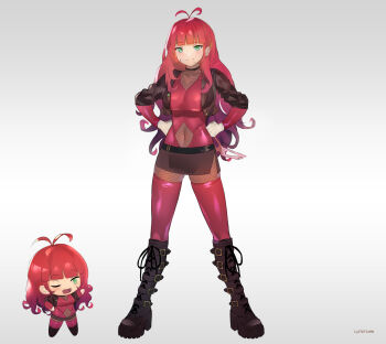  1girl absurdres black_boots bodystocking boots breasts brown_jacket chibi commission covered_navel cropped_jacket dove_(abc) fishnet_bodystocking fishnets gloves gradient_hair green_eyes hands_on_own_hips highres jacket knee_boots long_hair lowleg lowleg_skirt lumpychan medium_breasts miniskirt multicolored_hair original purple_hair raised_eyebrow red_hair second-party_source signature skirt slide textless_version turtleneck white_gloves 