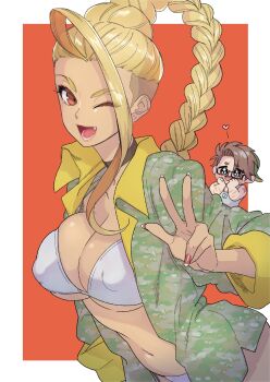  1boy 1girl ahoge backwards_hat bikini black-framed_eyewear blonde_hair border braid breasts brown_eyes brown_hair camouflage camouflage_jacket character_request cleavage commentary_request copyright_request covered_erect_nipples dark-skinned_female dark_skin dog_tags earrings eyelashes fang fingernails glasses green_eyes green_hat grey_bikini grey_tank_top hat heart highres jacket jacket_over_swimsuit jewelry long_hair long_sleeves memeo_(candy_house) nail_polish navel one_eye_closed open_clothes open_jacket open_mouth red_background red_nails scar scar_across_eye scar_on_arm scar_on_face semi-rimless_eyewear short_hair simple_background single_braid smile solo_focus stomach swimsuit tank_top teeth undercut w white_border 