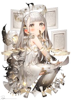  +_+ 1girl :3 bare_shoulders blush brown_eyes closed_mouth commentary commentary_request dress ear_piercing from_side gloves grey_hair grey_thighhighs halo highres holding long_hair nail_polish original partially_fingerless_gloves picture_frame piercing ryota_(ry_o_ta) sheet_music simple_background sitting sleeveless sleeveless_dress solo thighhighs untranslatable_commentary very_long_hair white_background white_dress white_gloves yellow_nails 