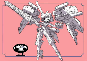  1girl absurdres advance_of_zeta advance_of_zeta_re-boot ahoge armpits breasts commentary_request full_body gundam highres hizack huge_ahoge kenki_fujioka leotard logo looking_at_viewer mecha mecha_musume medium_breasts one_eye_closed open_hand open_mouth outstretched_arm outstretched_arms personification pink_background robot science_fiction short_hair sideboob sidelocks simple_background smile solo spread_arms spread_fingers standing teeth thighs upper_teeth_only weapon 