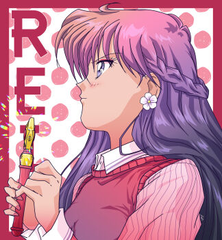  1girl absurdres alternate_costume alternate_hairstyle bishoujo_senshi_sailor_moon bishoujo_senshi_sailor_moon_crystal blush braid character_name crown_braid earrings eyeshadow flower_earrings highres hino_rei jewelry long_hair long_sleeves makeup nail_polish purple_eyes purple_hair red_eyeshadow red_nails red_vest riccardo_bacci shirt solo swept_bangs transformation_pen vest white_shirt 