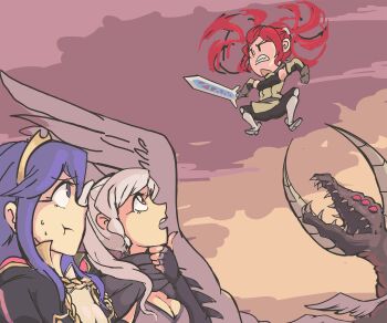  animated animated_gif blue_eyes blue_hair brave_sword breasts cleavage davewaterfalls dragon dragon_horns feathered_wings female_robin_(fire_emblem) fire_emblem fire_emblem_awakening grima_(fire_emblem) hand_on_own_chin helicopter_hair horns lucina_(fire_emblem) nintendo outdoors pout red_hair robe severa_(fire_emblem) sweat sword tiara twintails weapon white_hair wings yellow_eyes 