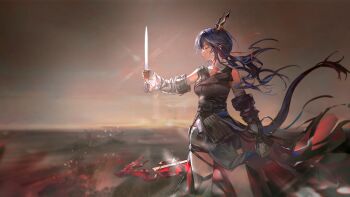  1girl arknights arm_at_side artist_request bare_shoulders blue_hair ch'en_(arknights) ch'en_the_dawnstreak_(arknights) closed_eyes closed_mouth cowboy_shot detached_sleeves dragon_tail eastern_dragon_tail energy_weapon facing_to_the_side floating_clothes floating_hair game_cg glowing glowing_weapon hand_up highres holding holding_weapon horns official_art profile sheath shorts sidelighting solo tail third-party_source weapon 