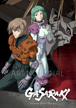  1boy 1girl armor brown_eyes brown_hair gasaraki green_hair highres mecha miharu_(gasaraki) official_art robot  rating:Sensitive score:5 user:DocWatson