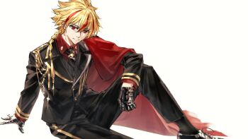  1boy aiguillette black_suit blonde_hair braid braided_ponytail cape collared_shirt commentary_request fate/grand_order fate/strange_fake fate_(series) formal_clothes gloves highres jacket knee_up long_hair long_sleeves looking_at_viewer machikokom43502 male_focus multicolored_hair necktie pants red_cape red_eyes red_streaks richard_i_(fate) shirt shoes side_cape simple_background single_braid sitting smile solo streaked_hair suit white_background 